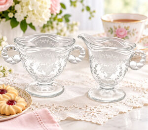 Vintage Fostoria Heather Etched Footed Creamer Sugar Set Clear Glass 1949-71